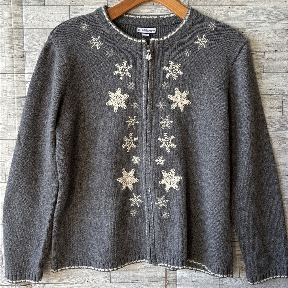 Cardigan Sweater Snowflakes Embroidered Gray Silk Ramie XL Vintage Y2K